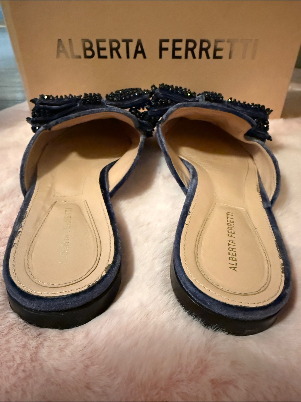 Alberta Ferretti Velvet Blue Bow Embellished Mules Flats EU 37 US 6 or 6.5 - Picture 4 of 7